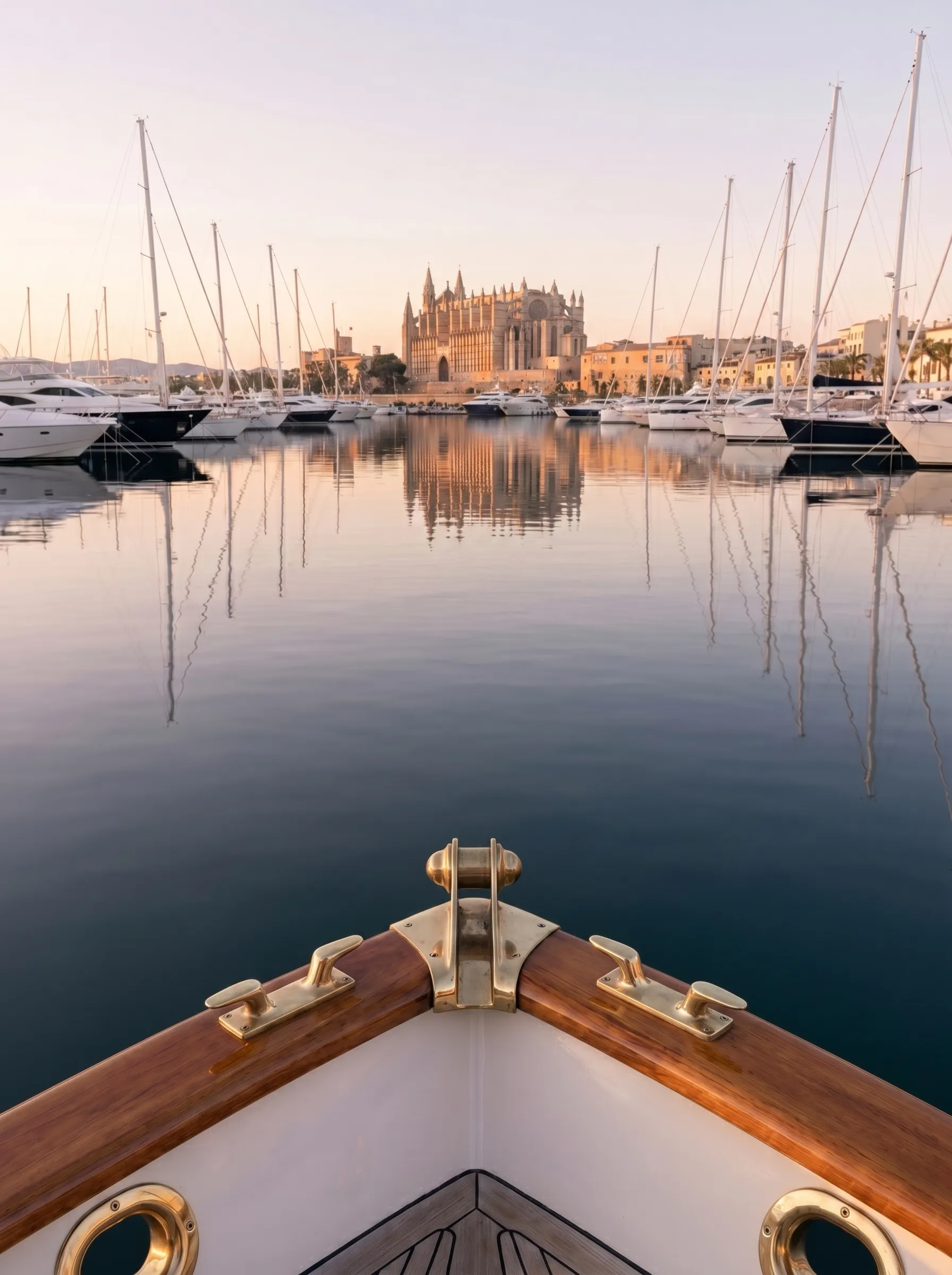 Blick vom Bug einer Superyacht in Club de Mar Mallorca bei Dämmerung, die Kathedrale La Seu am Horizont