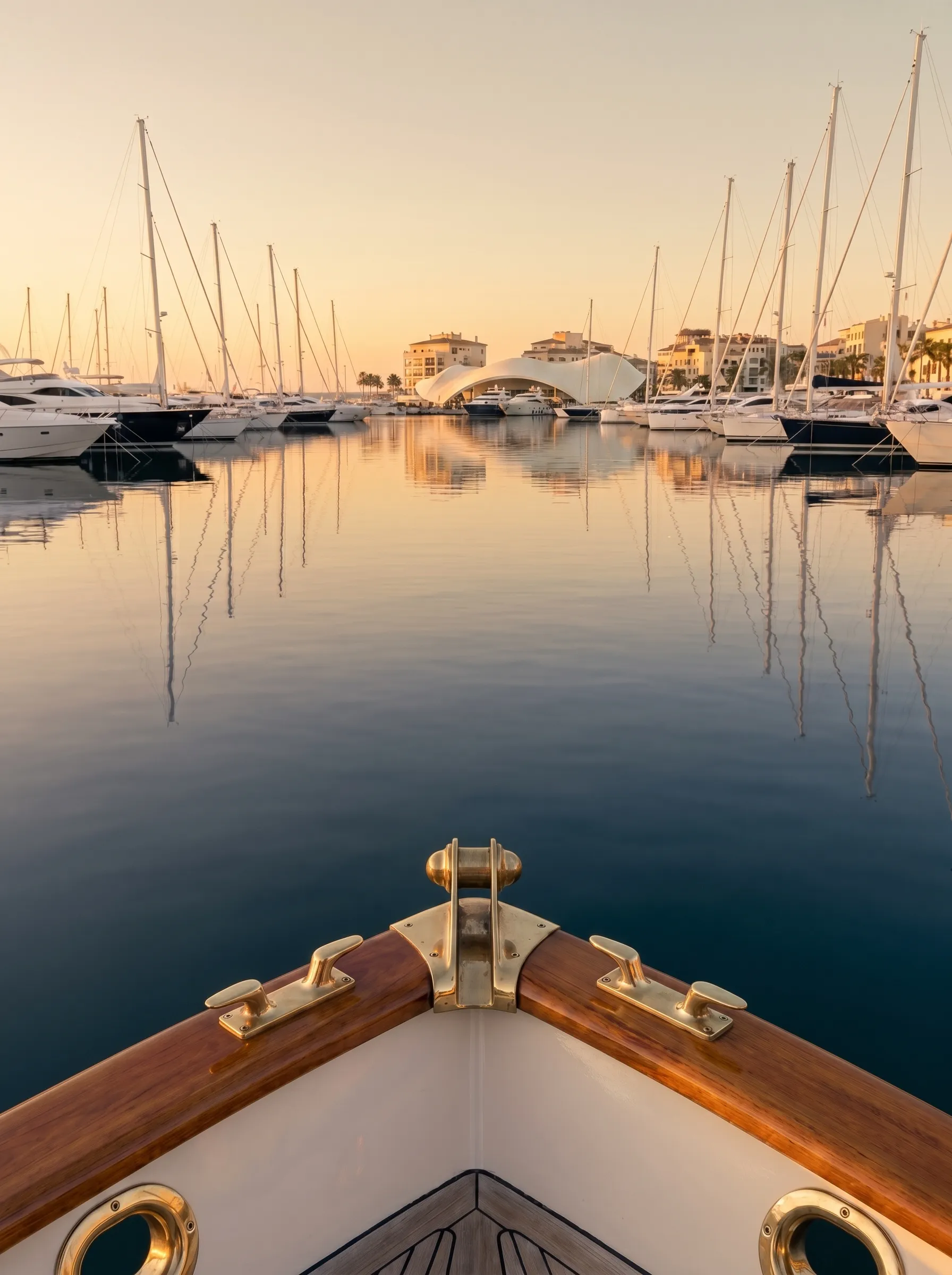 Blick vom Bug einer Yacht über die Marina Port Adriano mit Philippe-Starck-Pavillon im warmen Abendlicht