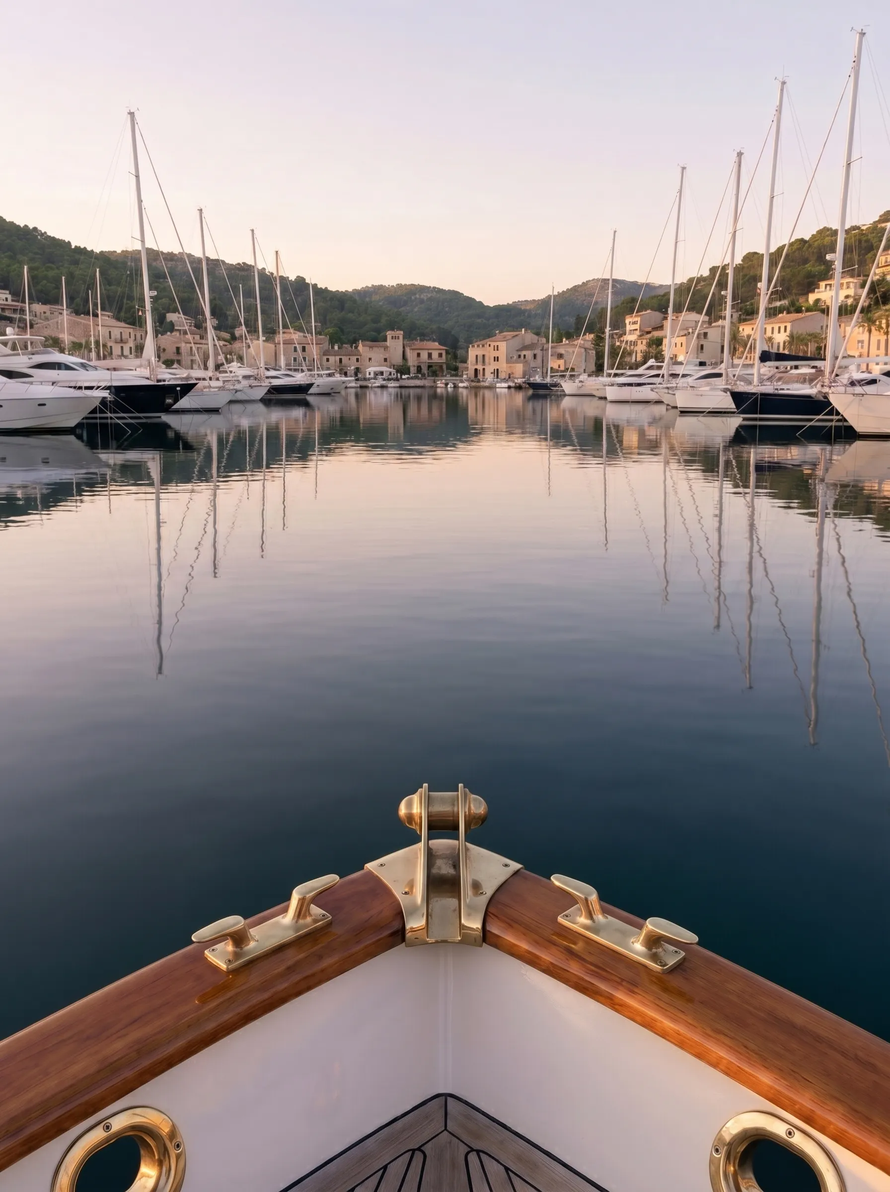 Blick vom Bug einer Yacht über die ruhige Bucht von Puerto Andratx im sanften Morgenlicht