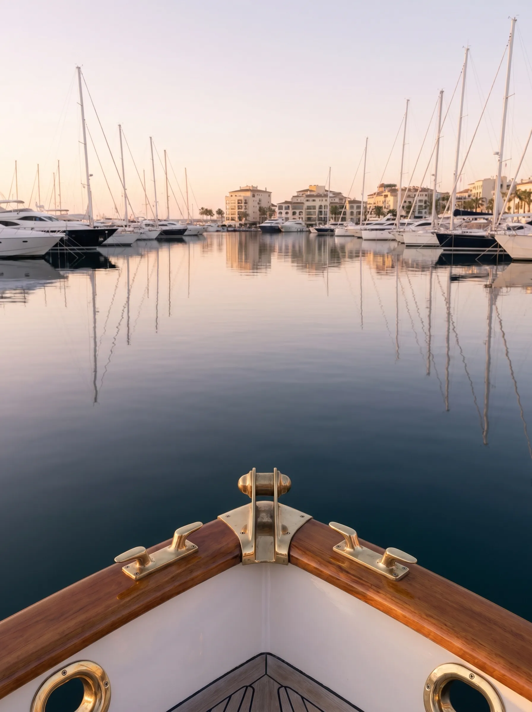 Blick vom Bug einer Yacht über die spiegelglatte Marina Puerto Portals bei Morgendämmerung
