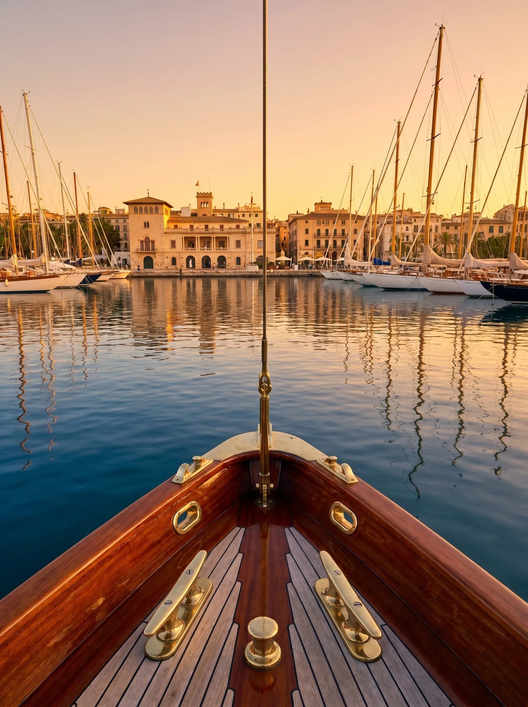 Blick vom Bug einer klassischen Segelyacht im Real Club Náutico de Palma bei goldener Abendstimmung