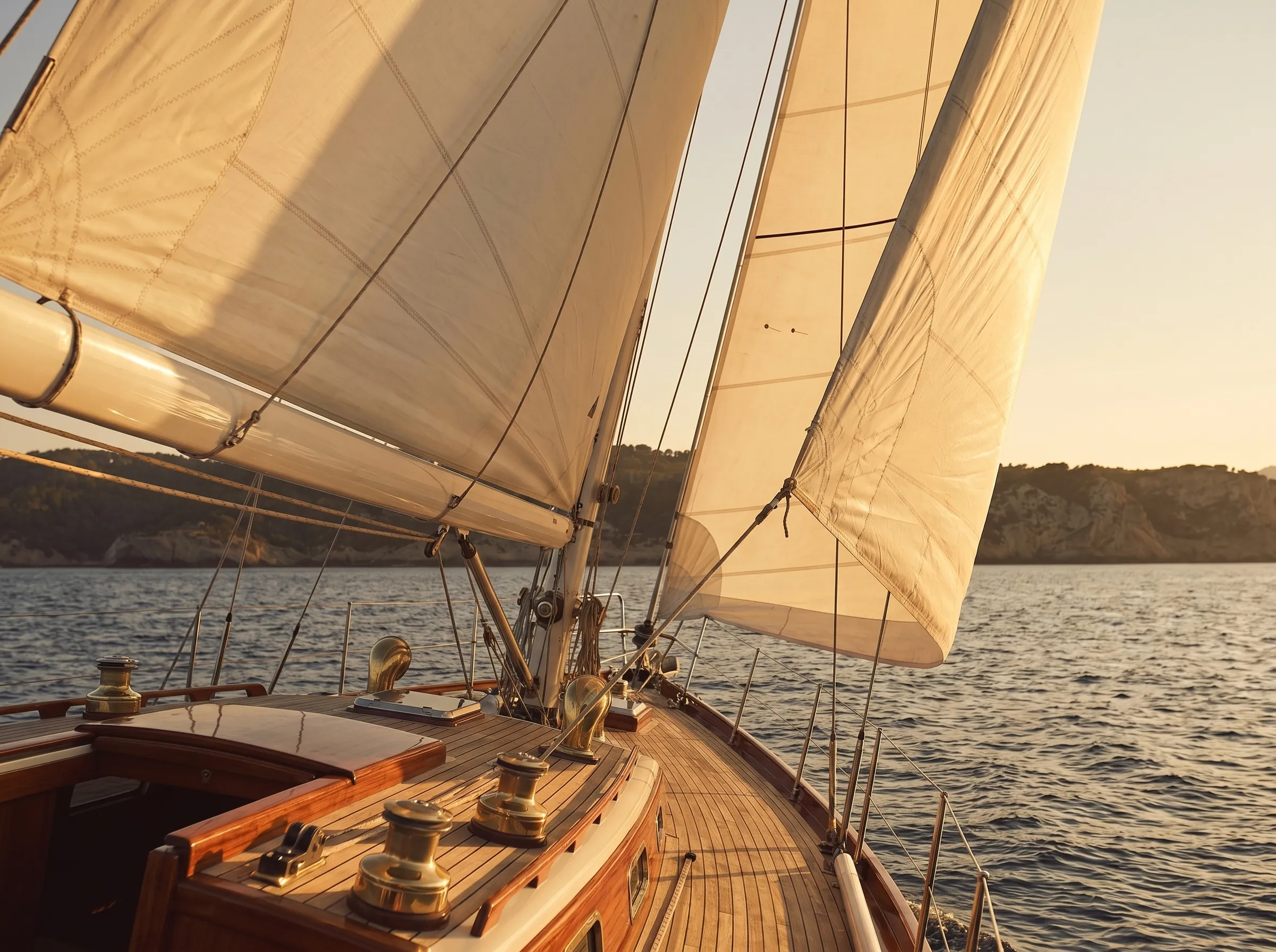 Klassische Luxus-Segelyacht unter vollen Segeln im warmen Sonnenuntergangslicht vor der mallorquinischen Küste, leichte Krängung