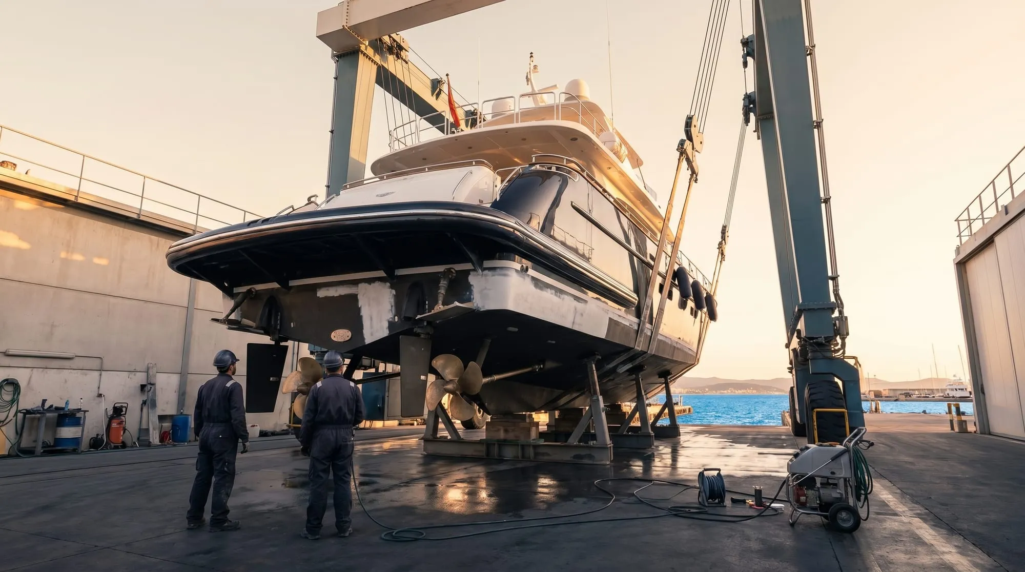 Werft in Palma de Mallorca im Frühjahr, Yacht im Trockendock mit Crew bei Wartungsarbeiten