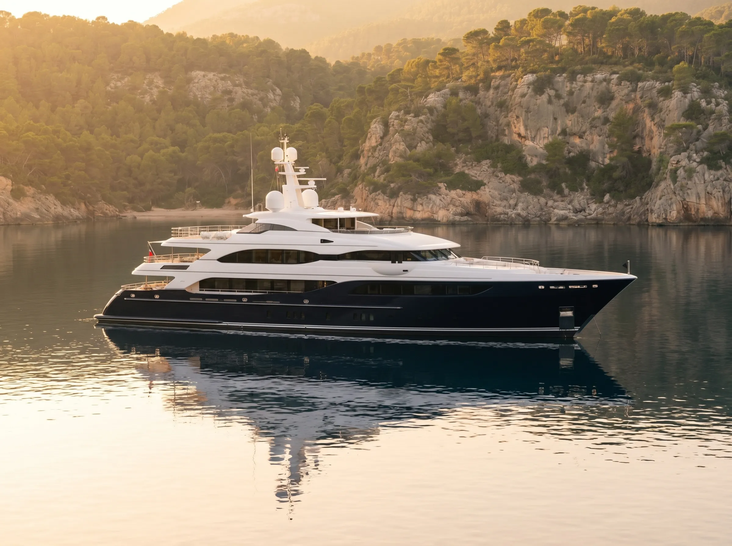 Profile view of a luxury motor yacht anchored in a calm Mallorcan cove at golden hour, with deep teal water and ochre cliffs
