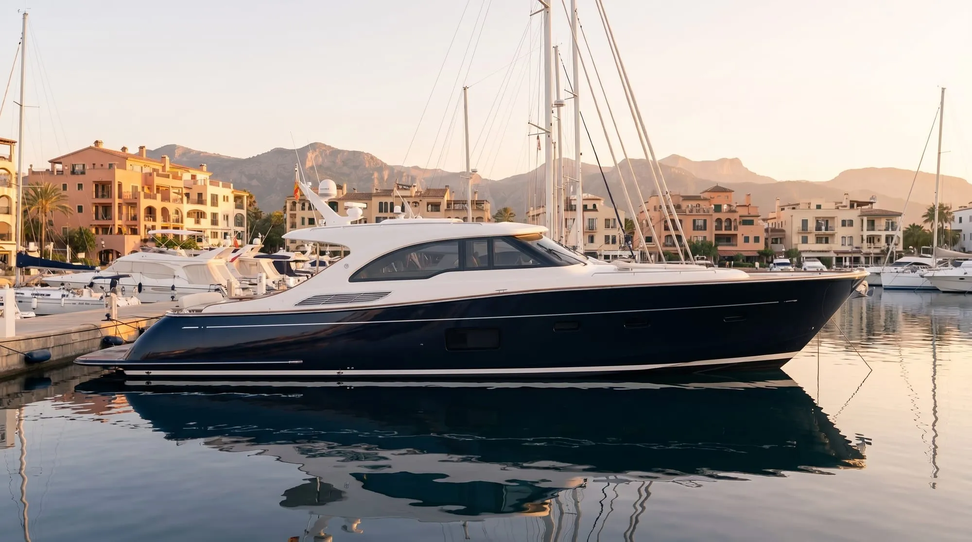 Motoryacht im Hafen von Puerto Portals bei Sonnenuntergang, Mallorca