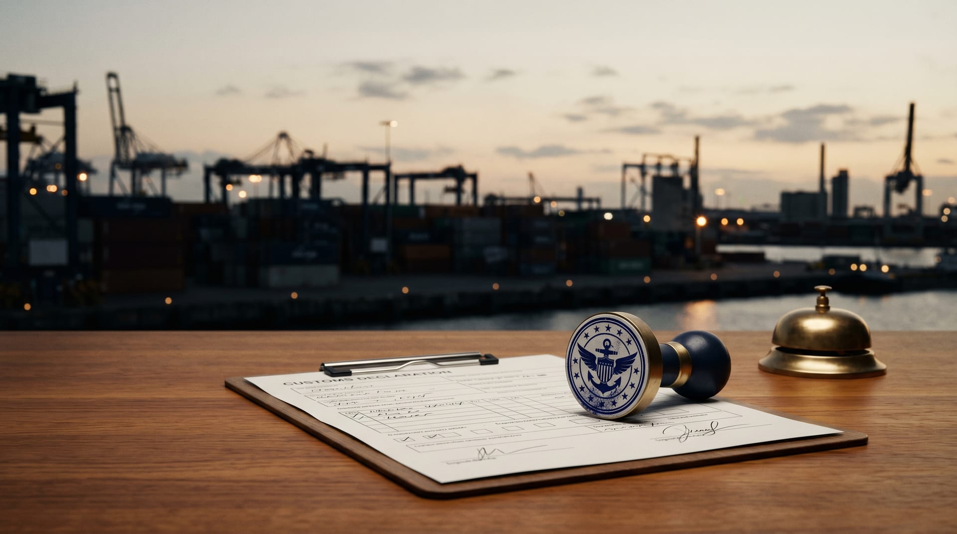 Yacht-Import in die EU — Zollformulare und Stempel auf Hafenkulisse