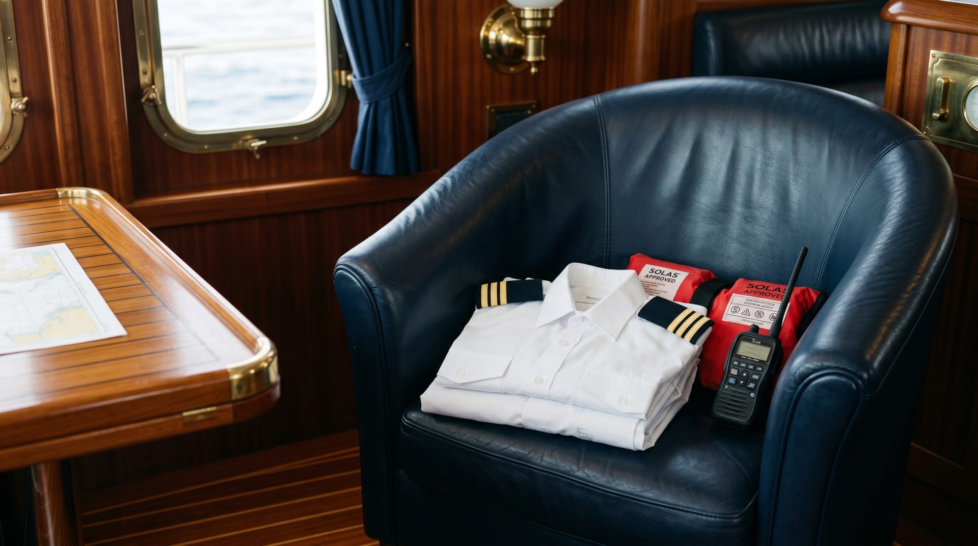 MCA Charter-Lizenz — Crew-Uniformen und Sicherheitsausrüstung in der Yachtkajüte