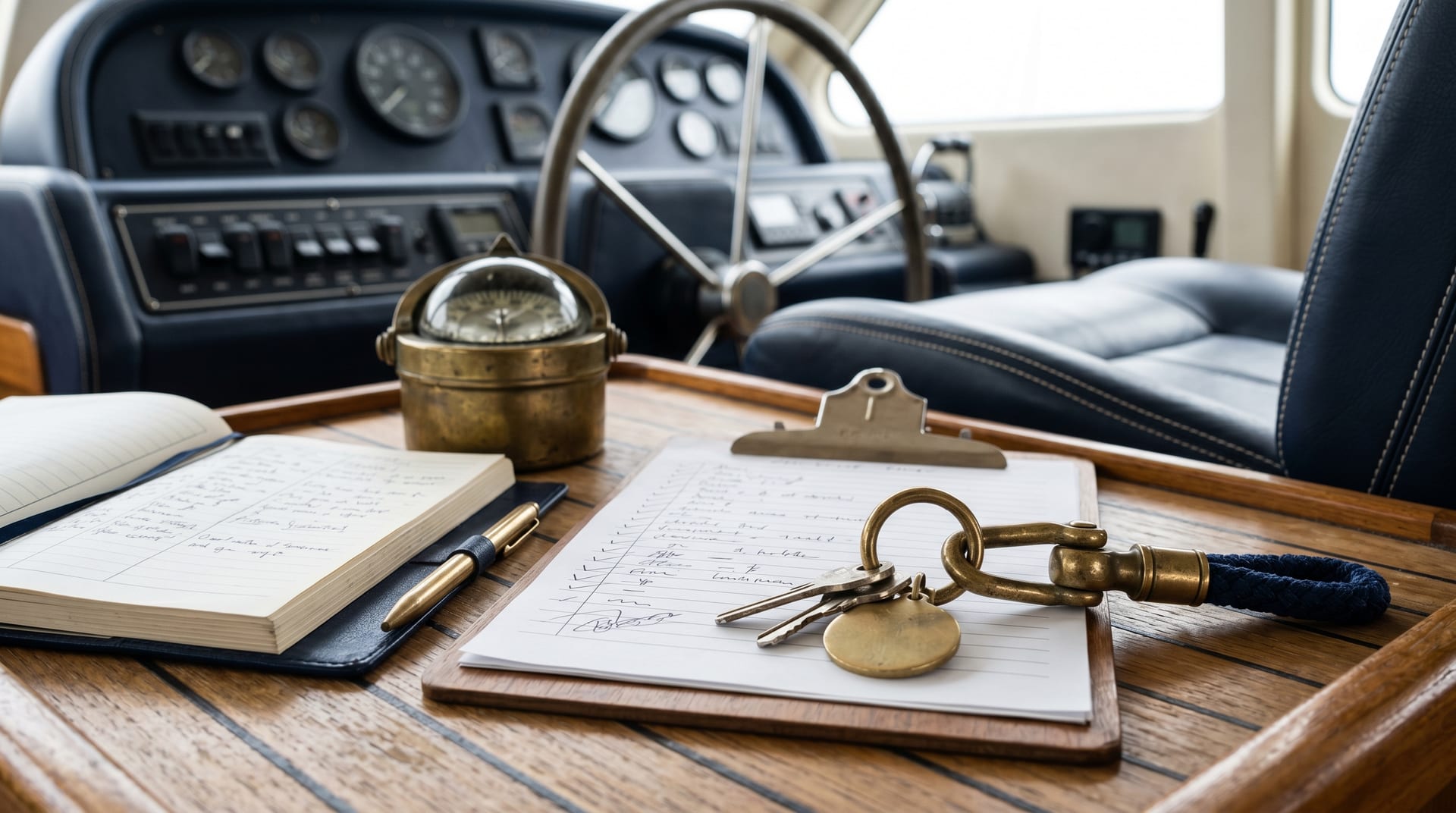Yacht-Übergabe — Schlüssel, Checkliste und Bordbuch auf dem Helmstand