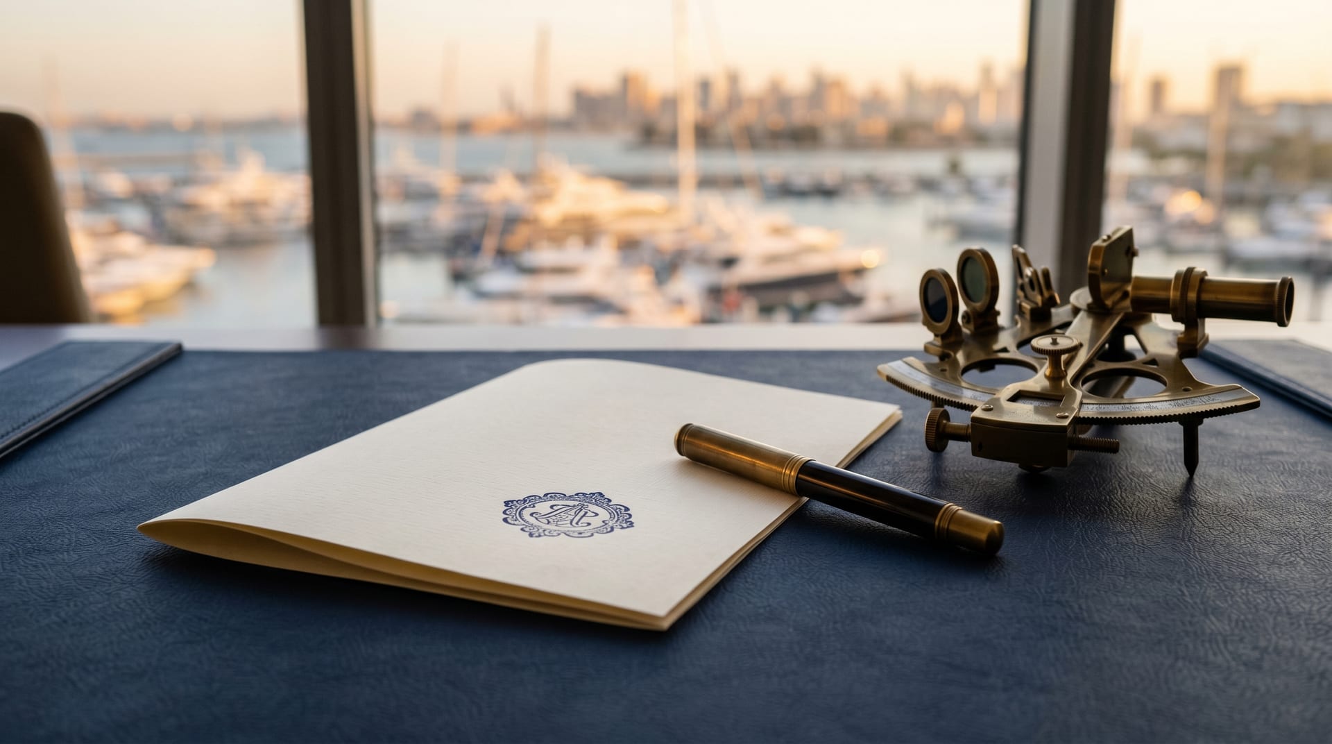 Yachtversicherung Spanien — Vertrag, Stempel und Marina-Skyline am Horizont