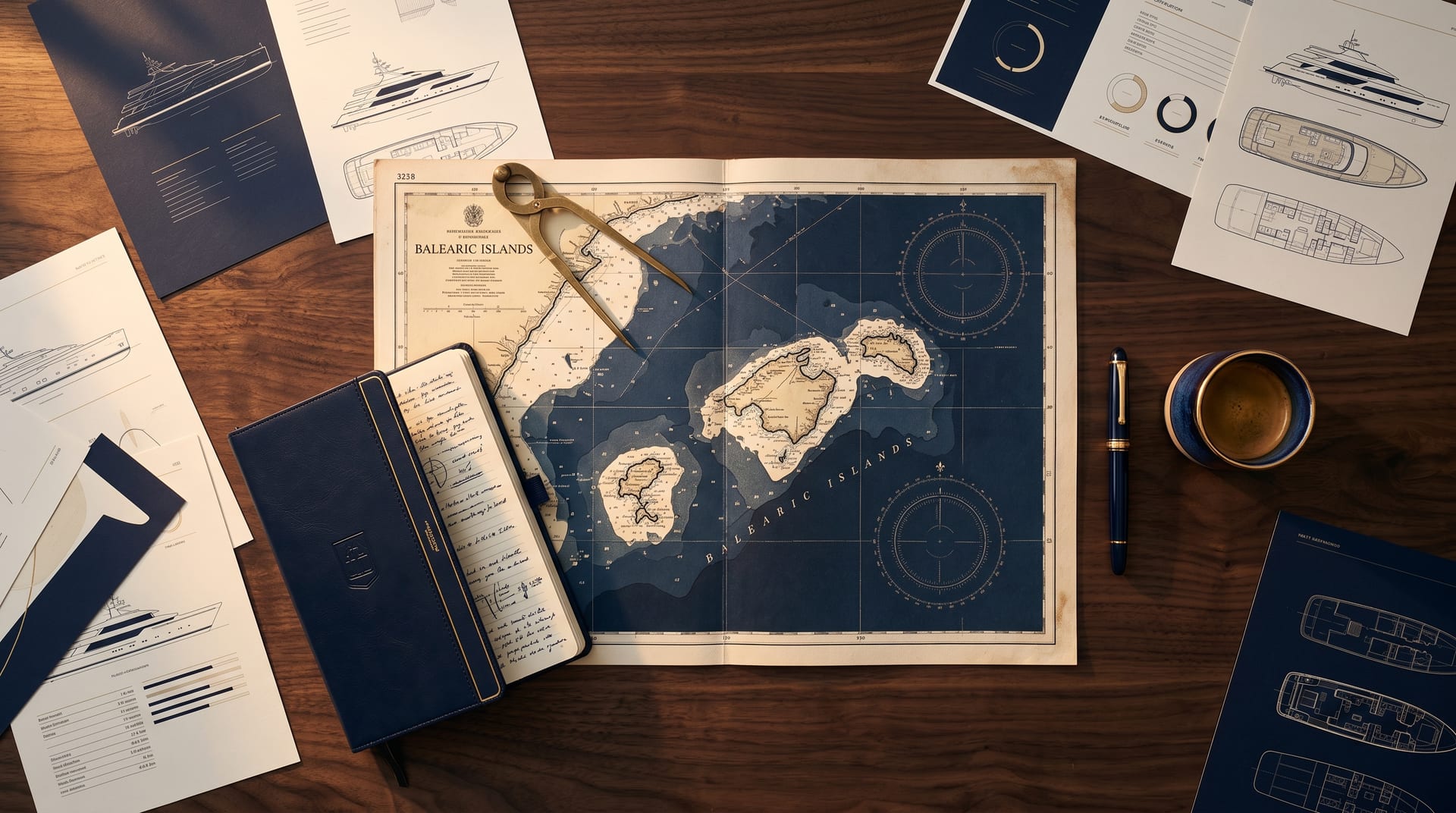 Yacht-Ratgeber Mallorca — Dokumente, Karten und Recherche auf einem dunklen Holztisch